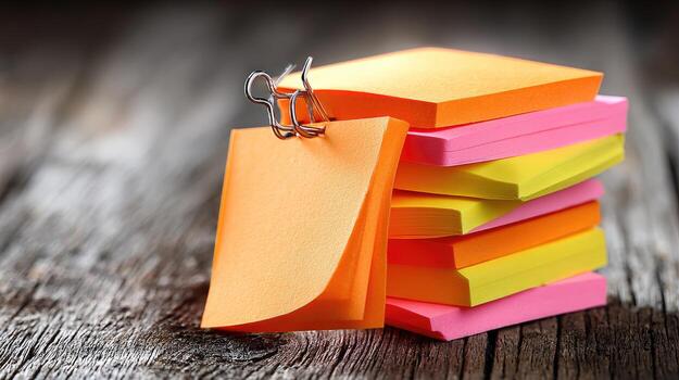 A stack of sticky notes on a wooden table photo