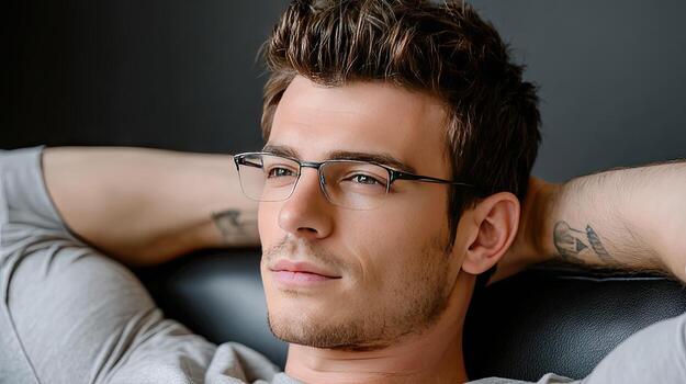 A man with glasses laying on a couch photo