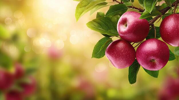 Red apples on a tree branch with sunlight photo