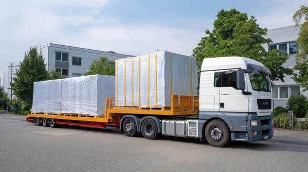 A white semi truck with a large container on the back photo