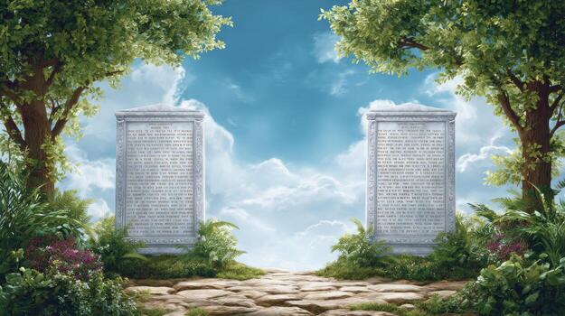 Two pillars in the middle of a field with trees and grass photo