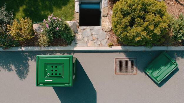 A green trash can sitting on the ground photo