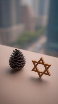 A pine cone and star of david on a table photo