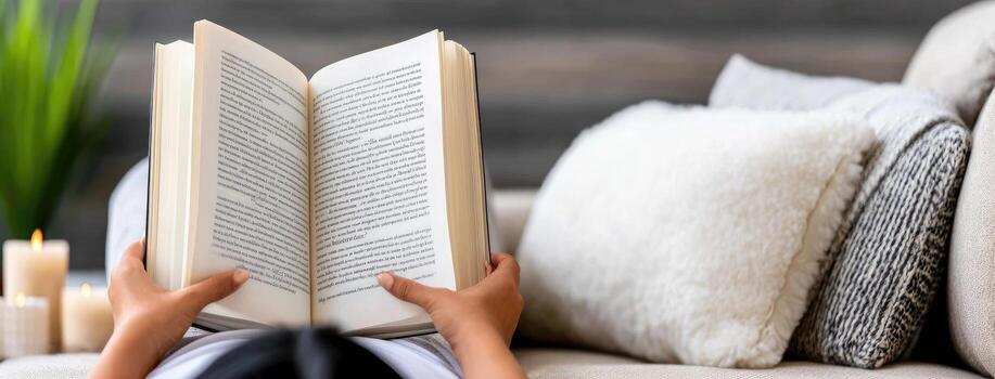 A person is reading a book on a couch photo