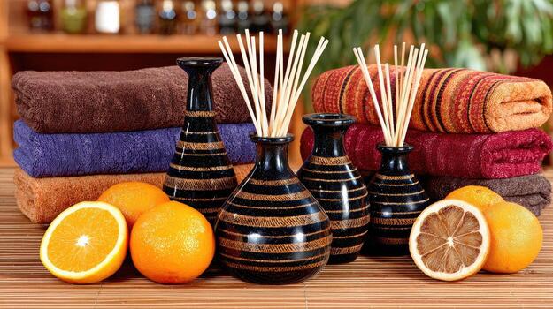 A table with towels, oranges and a vase of candles photo