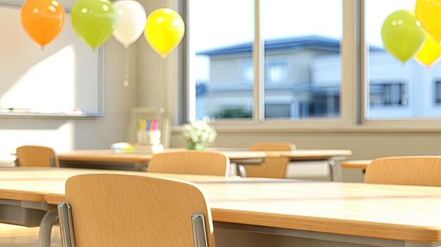 A classroom with a table and chairs photo