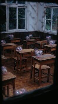 A classroom with many desks and chairs photo