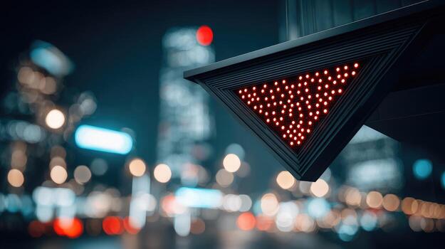 A red traffic light with a city skyline in the background photo