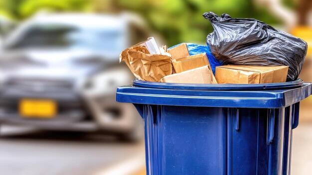 A blue trash can with a car in the background photo