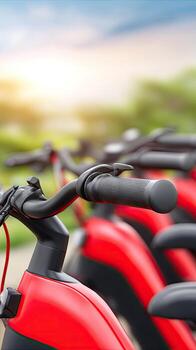 A row of red and black bicycles photo