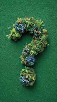 Question mark made of moss on green background photo