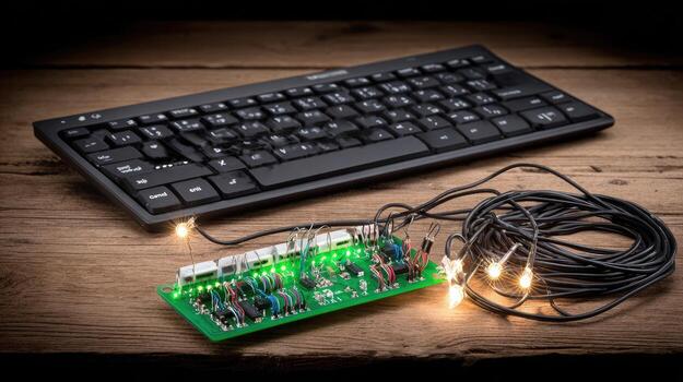 A keyboard and a circuit board on a wooden table photo