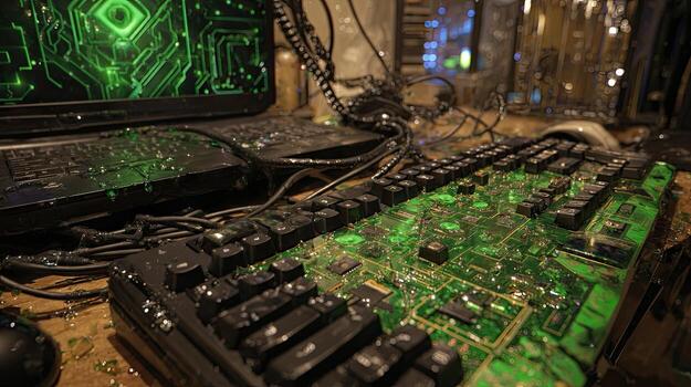 A computer keyboard with green lights photo