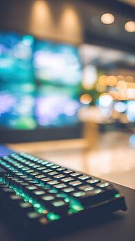 A computer keyboard is in front of a blurry background photo