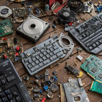 A pile of electronic components on a wooden table photo