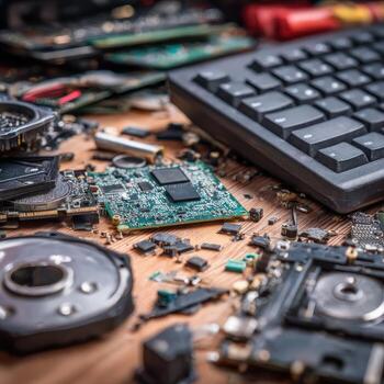 A computer keyboard, mouse and other electronic components on a table photo