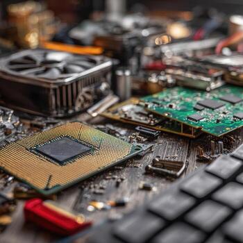 A pile of electronic components on a desk photo