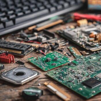 A pile of electronic components on a table photo