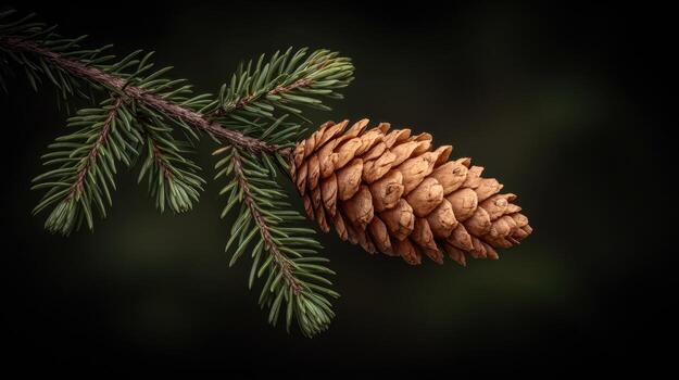 A pine cone on a branch with a dark background photo