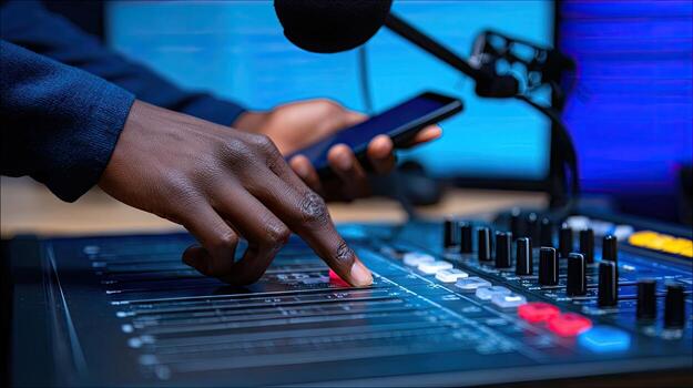A person is using a phone to control a mixer photo