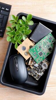 A black tray with a keyboard, mouse and other electronic components photo