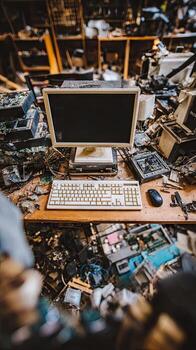 A computer and keyboard sitting on a desk surrounded by junk photo