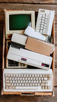 A box filled with old computers and keyboards photo