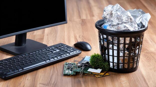Computer and trash bin on desk photo