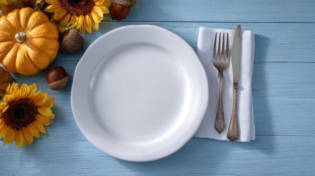 A plate with a fork and knife on a blue table photo