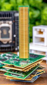A stack of electronic components on a wooden table photo