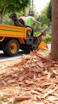 A man is working on a tree with a tree trimmer photo