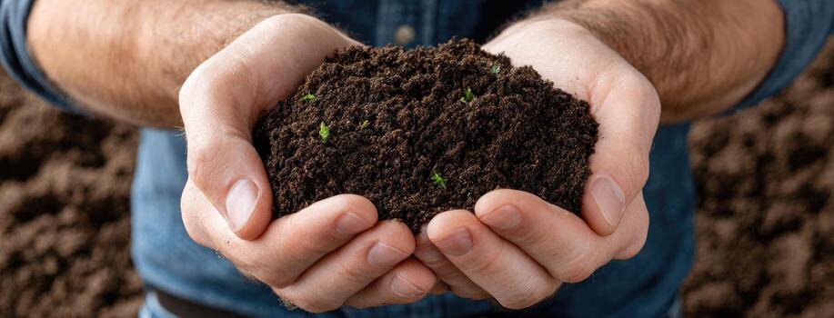 Hands holding soil with sprouts photo