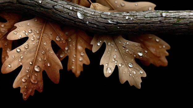 Oak leaves with water droplets on them on a branch photo