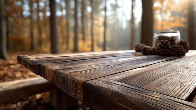 A wooden table with pine cones and a jar of honey photo