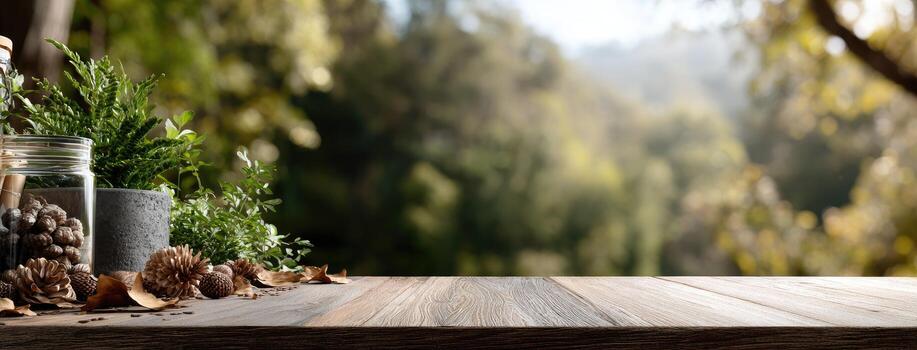A bottle of wine and herbs on a table in front of a forest photo