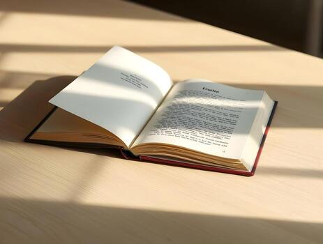 An open book on a table with sunlight coming in through the window photo