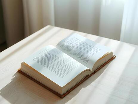 An open book on a table in front of a window photo