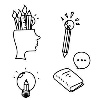 a set of icons that include a pencil, a book, a light bulb and a brain vector