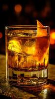 un refrescante whisky bebida con hielo y naranja pelar foto