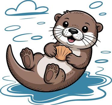 A playful otter is floating in the water with a scallop shell in its paws Crayon style transparent vector