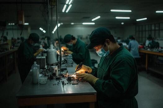 Workers in a factory working on electronics photo