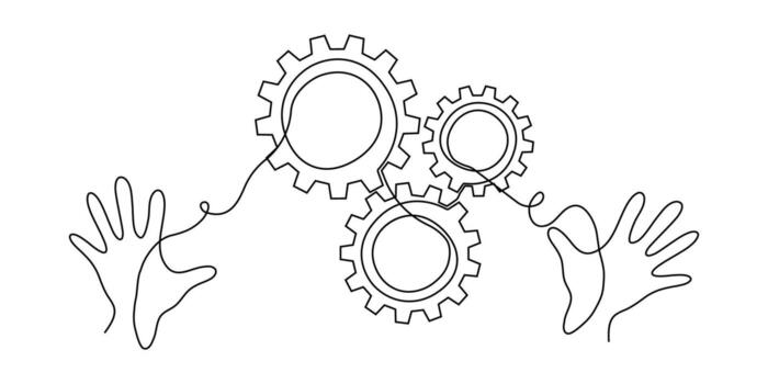 línea continuo engranaje Arte icono uno diente trabajo negocio fábrica rueda. engranaje continuo línea computadora ajuste contorno rueda dentada tecnología bosquejo dibujo Ciencias carrera máquina cerebro antecedentes. vector