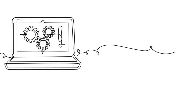 ordenador portátil línea continuo pantalla computadora oficina trabajo Arte ordenador personal contorno ilustración. línea ordenador portátil continuo garabatear cuaderno soltero escritorio mecanografía negocio icono monitor digital correo electrónico datos tecnología. vector