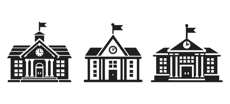 School Building Icons with Flags and Clocks Representing Education Institutions Learning Centers Architecture and Academic Structures vector