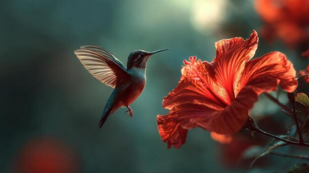 Vibrant Hummingbird Hovering Near Lush Red Flower in Natural Environment Under Soft Light photo