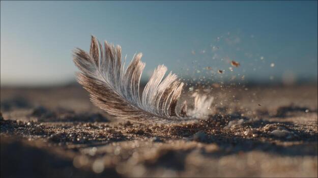 Close-up of a delicate feather resting on sandy earth with shimmering dust and sunlight highlighting intricate details in nature photo