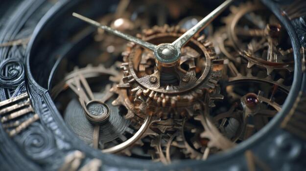 Intricate close-up of vintage clockwork mechanism showcasing detailed gears, cogs, and clock hands in an artistic design photo