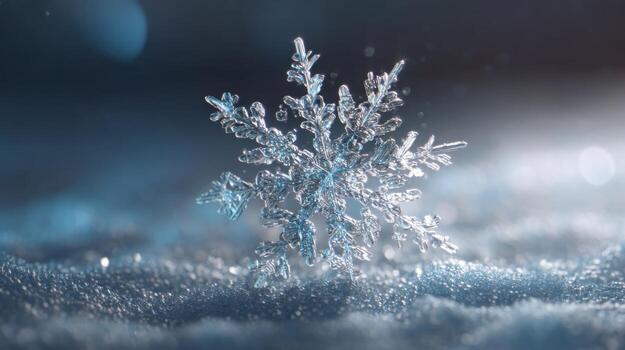 Stunning Close-Up of a Unique Snowflake on Glittery Surface Capturing Nature's Icy Beauty in High Definition photo