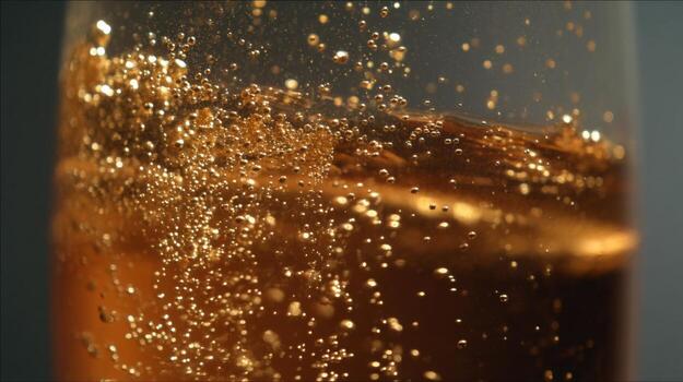 Close-Up of Bubbles Rising in a Glass of Fizzy Drink with Brown Color and Sparkling Effect Captured in Soft Focus photo