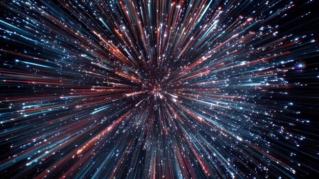 Dynamic explosion of colorful light particles creating a mesmerizing cosmic effect against a dark background photo